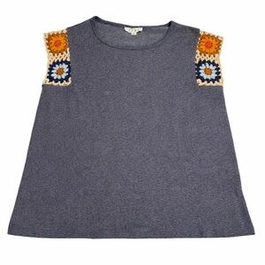 THML Charcoal Blue Gray Crochet Shoulder Top Small Boho Granny Square Knit